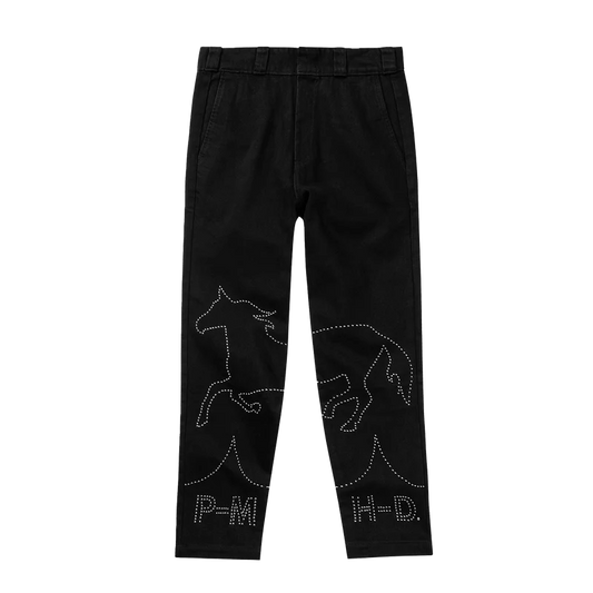 Black Post Malone merch denim pants featuring rhinestone horse graphics and western inspired streetwear front design.