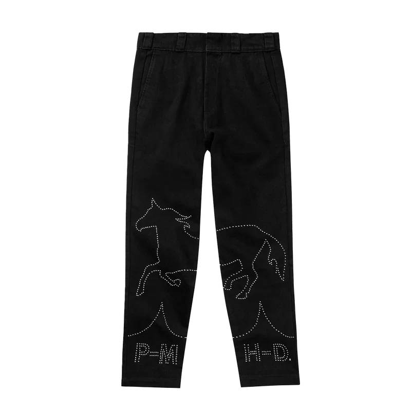 Black Post Malone merch denim pants featuring rhinestone horse graphics and western inspired streetwear front design.