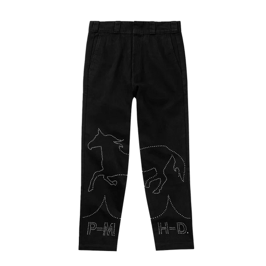 Black Post Malone merch denim pants featuring rhinestone horse graphics and western inspired streetwear front design.