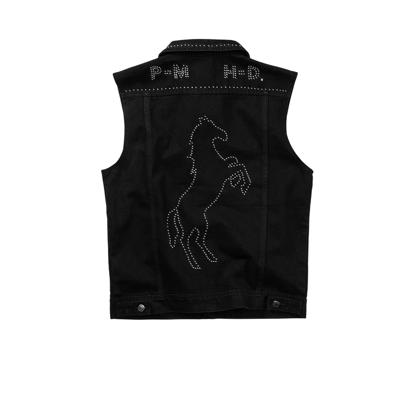 Black Post Malone merch denim vest with rhinestone horse graphic artwork and western inspired back design.