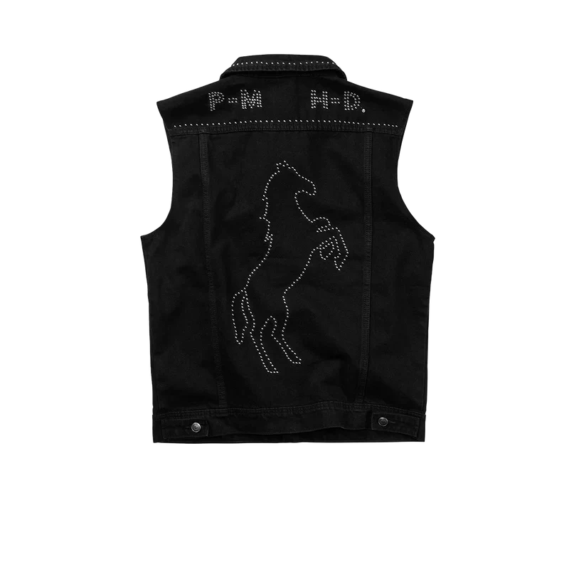 Black Post Malone merch denim vest with rhinestone horse graphic artwork and western inspired back design.