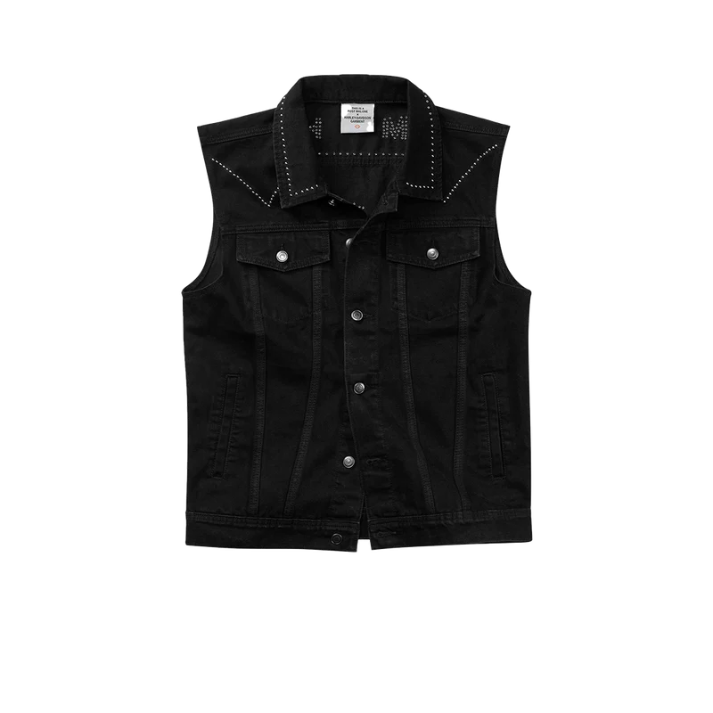 Black Post Malone merch denim vest featuring silver stud detailing and slim fit biker streetwear front design.