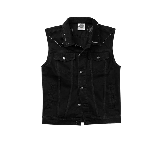 Black Post Malone merch denim vest featuring silver stud detailing and slim fit biker streetwear front design.