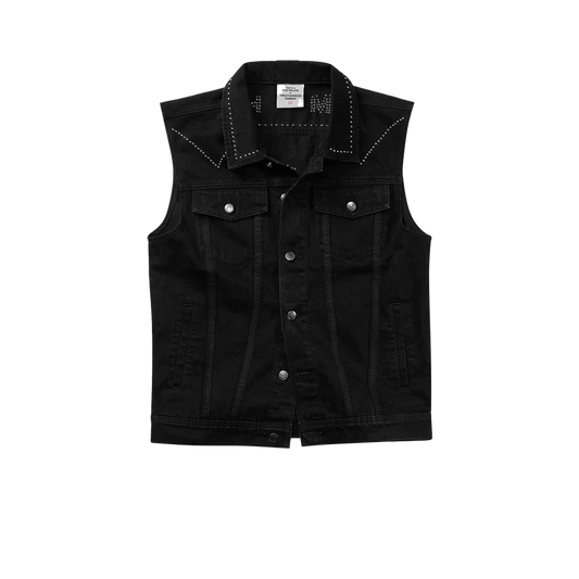 Black Post Malone merch denim vest featuring silver stud detailing and slim fit biker streetwear front design.