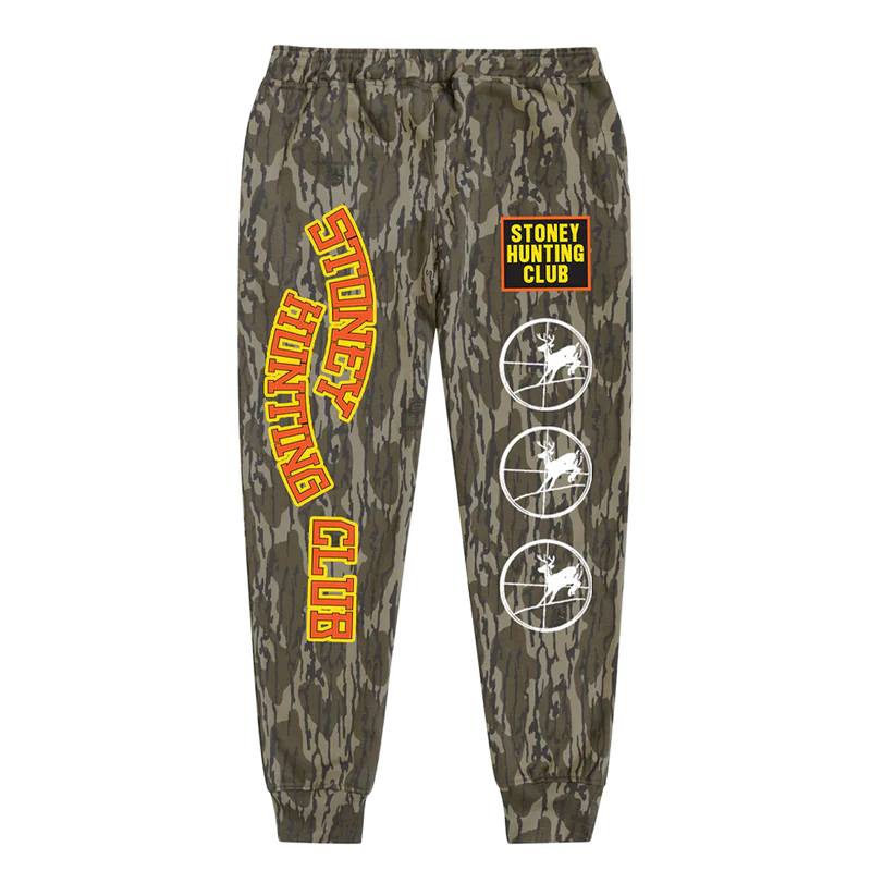Camo Post Malone merch sweatpants featuring Stoney Hunting Club graphics with target icons on front streetwear fan apparel
