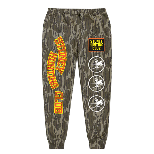 Camo Post Malone merch sweatpants featuring Stoney Hunting Club graphics with target icons on front streetwear fan apparel