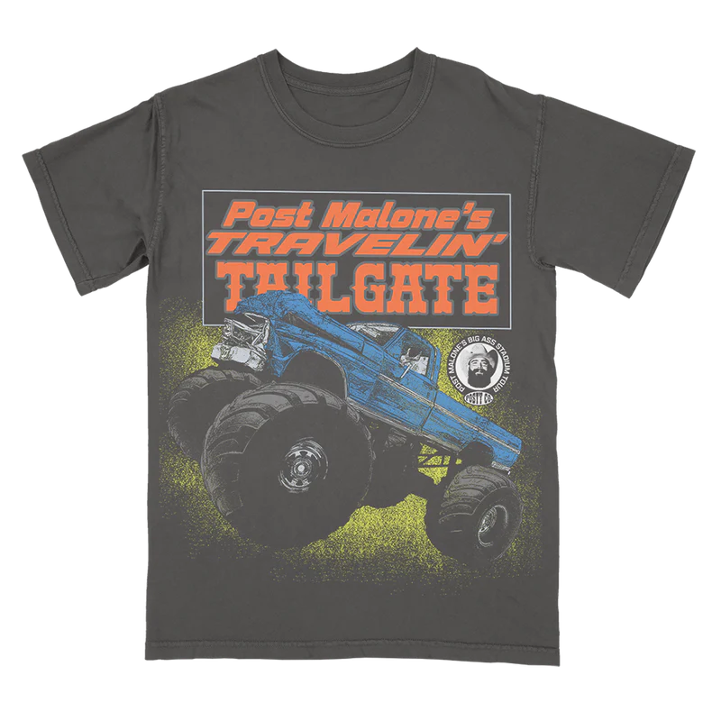Charcoal Post Malone merch t-shirt featuring monster truck graphic artwork and Travelin Tailgate tour front print.