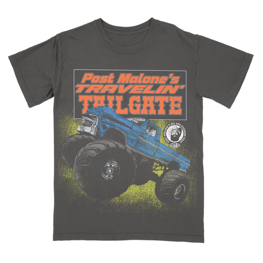 Charcoal Post Malone merch t-shirt featuring monster truck graphic artwork and Travelin Tailgate tour front print.