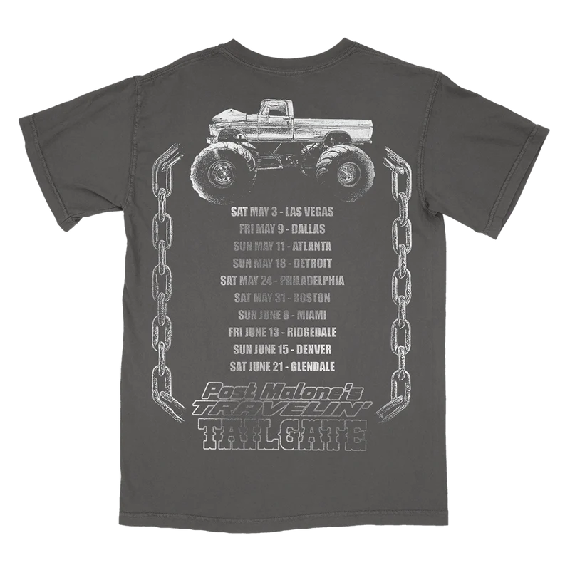 Charcoal Post Malone merch t-shirt with Tailgate tour dates and monster truck chain graphic back design.