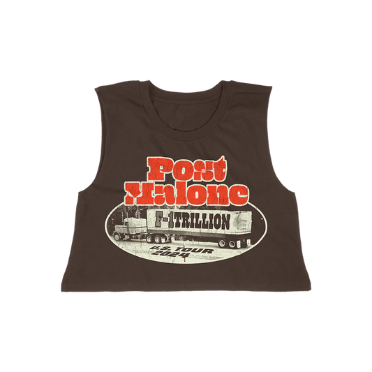 Brown Post Malone merch tank top featuring F1 Trillion weigh station truck graphic and bold logo on front streetwear fan apparel