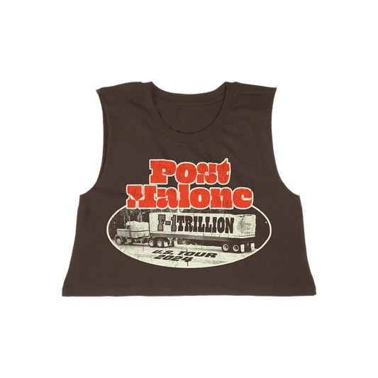 Brown Post Malone merch tank top featuring F1 Trillion weigh station truck graphic and bold logo on front streetwear fan apparel