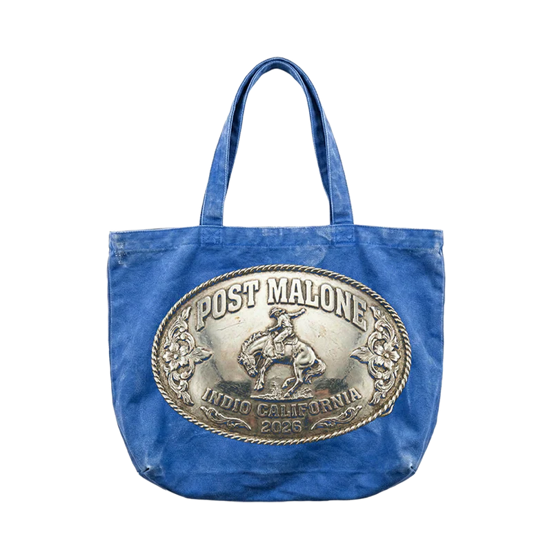 Blue Post Malone merch tote bag with western buckle logo and Indio California 2026 graphic on front durable fan apparel