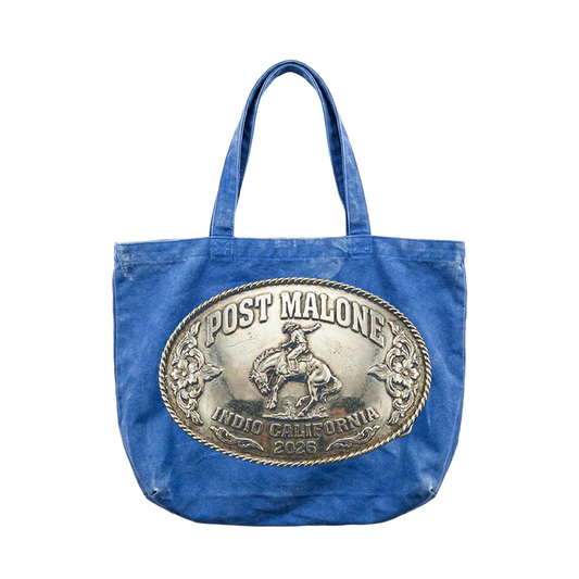 Blue Post Malone merch tote bag with western buckle logo and Indio California 2026 graphic on front durable fan apparel