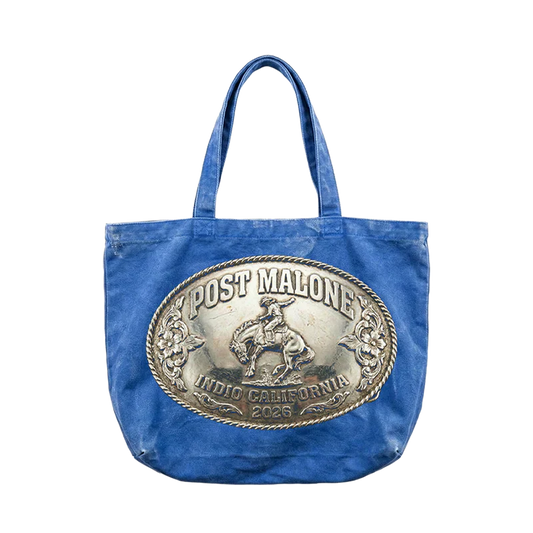 Blue Post Malone merch tote bag with western buckle logo and Indio California 2026 graphic on front durable fan apparel