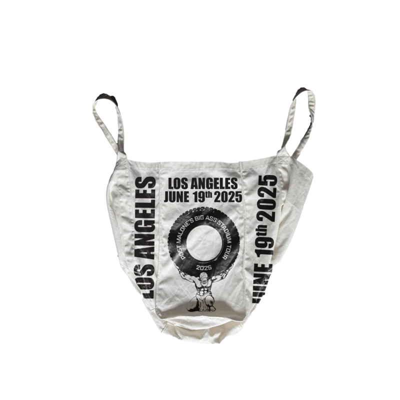 Cream Post Malone merch tote bag featuring Los Angeles June 19th 2025 Big Ass Stadium Tour graphic on front fan apparel