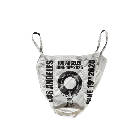 Cream Post Malone merch tote bag featuring Los Angeles June 19th 2025 Big Ass Stadium Tour graphic on front fan apparel