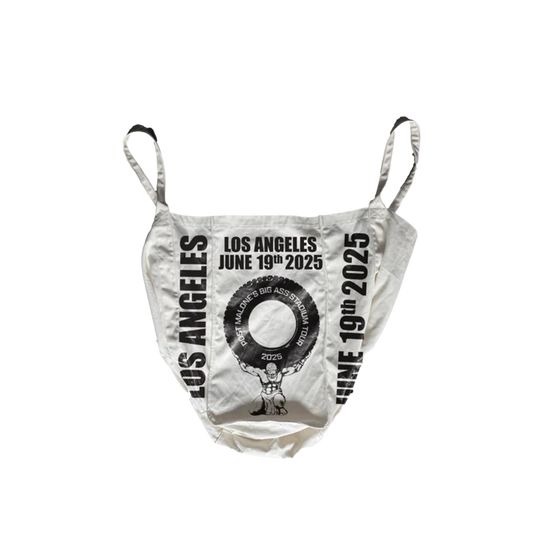 Cream Post Malone merch tote bag featuring Los Angeles June 19th 2025 Big Ass Stadium Tour graphic on front fan apparel
