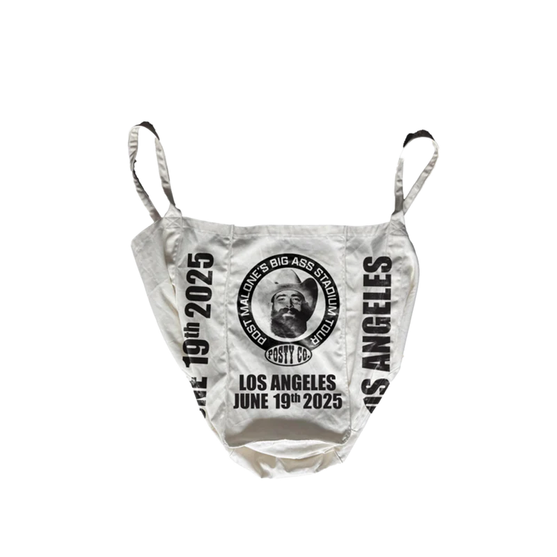 Cream Post Malone merch tote bag with circular tour logo and Los Angeles June 19th 2025 graphic on front fan apparel