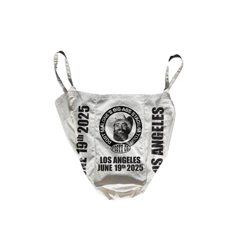 Cream Post Malone merch tote bag with circular tour logo and Los Angeles June 19th 2025 graphic on front fan apparel