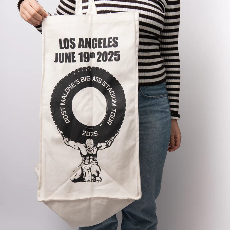Cream Post Malone merch tote bag featuring bold circular tour graphic and Los Angeles June 19th 2025 print front streetwear