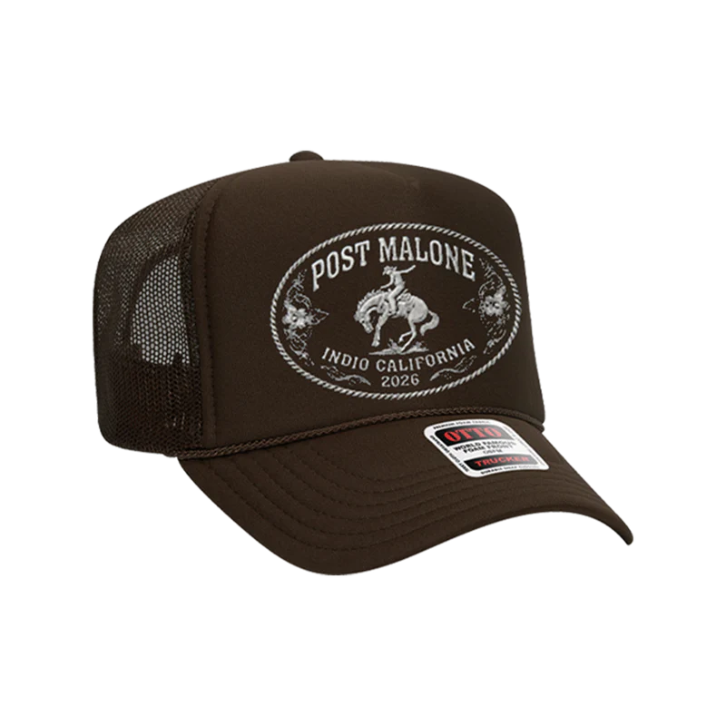 Brown Post Malone merch trucker hat with buckle logo patch and mesh back design on front western style fan apparel