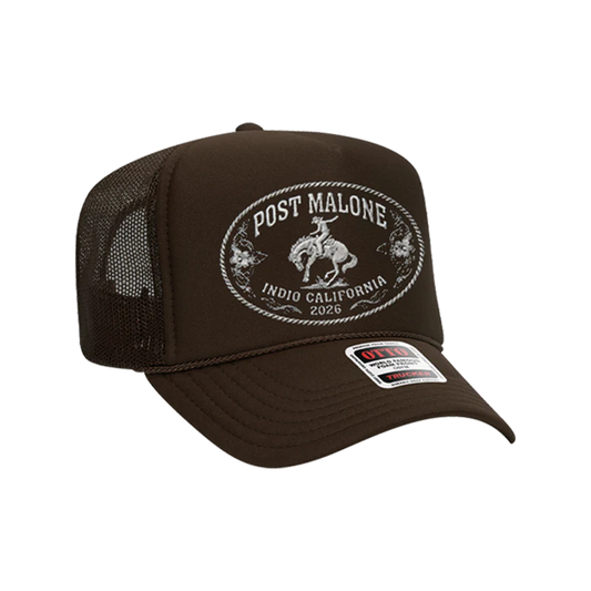 Brown Post Malone merch trucker hat with buckle logo patch and mesh back design on front western style fan apparel