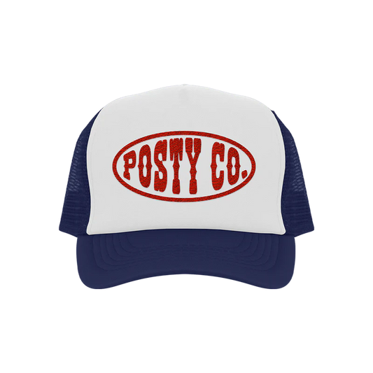 Navy and white Post Malone merch trucker hat with red Posty Co logo patch on front breathable mesh fan apparel