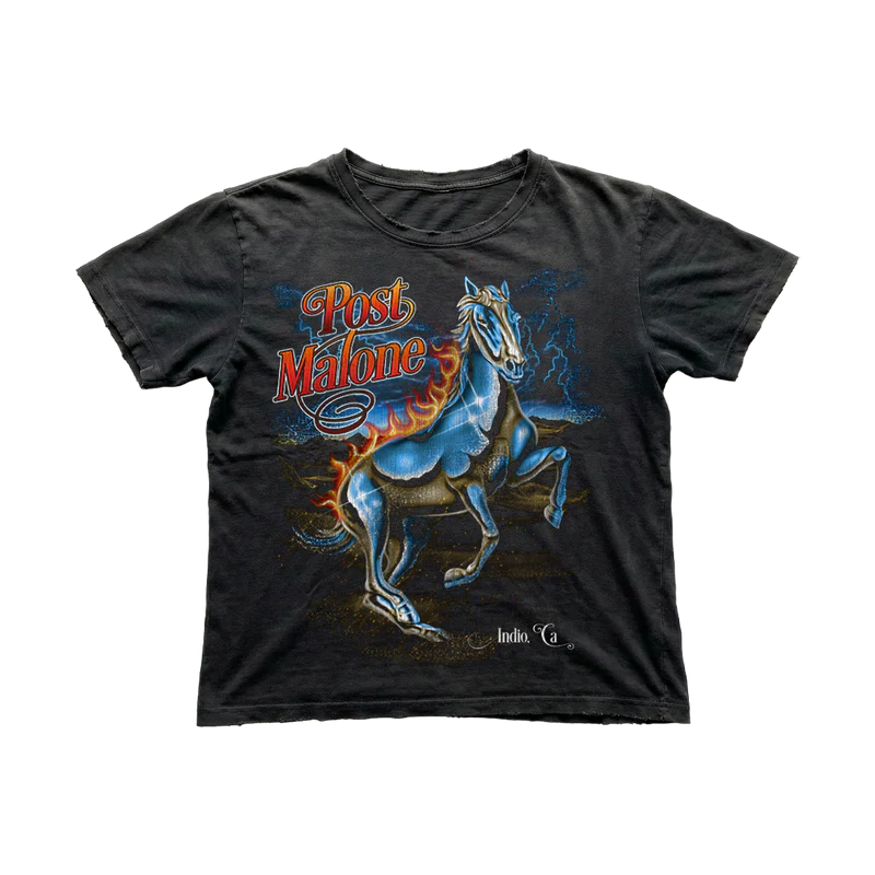 Black Post Malone merch t shirt featuring chrome horse graphic with lightning and Indio California design on front fan apparel