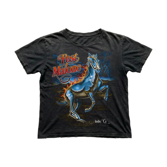 Black Post Malone merch t shirt featuring chrome horse graphic with lightning and Indio California design on front fan apparel