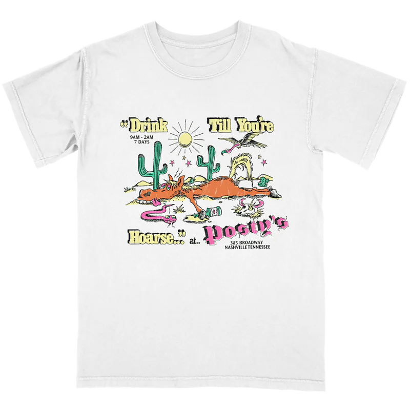 White Post Malone merch t shirt featuring Drink Till Youre Hoarse Postys Nashville graphic with desert cartoon design on front fan apparel