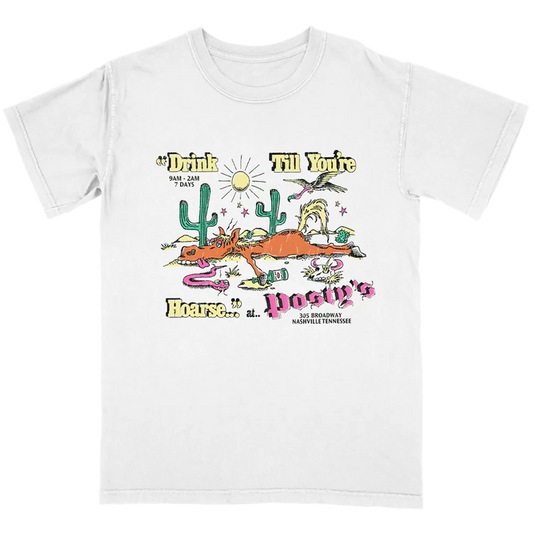 White Post Malone merch t shirt featuring Drink Till Youre Hoarse Postys Nashville graphic with desert cartoon design on front fan apparel