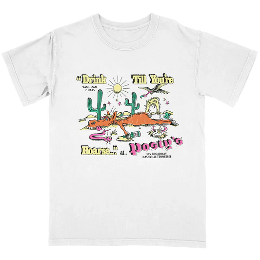 White Post Malone merch t shirt featuring Drink Till Youre Hoarse Postys Nashville graphic with desert cartoon design on front fan apparel