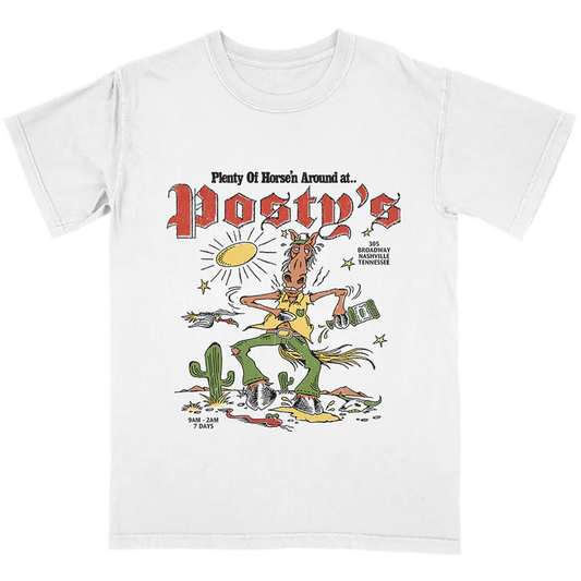 White Post Malone merch t shirt featuring Horsen Around Postys Nashville cartoon horse graphic on front streetwear fan apparel