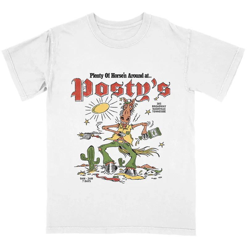 White Post Malone merch t shirt featuring Horsen Around Postys Nashville cartoon horse graphic on front streetwear fan apparel