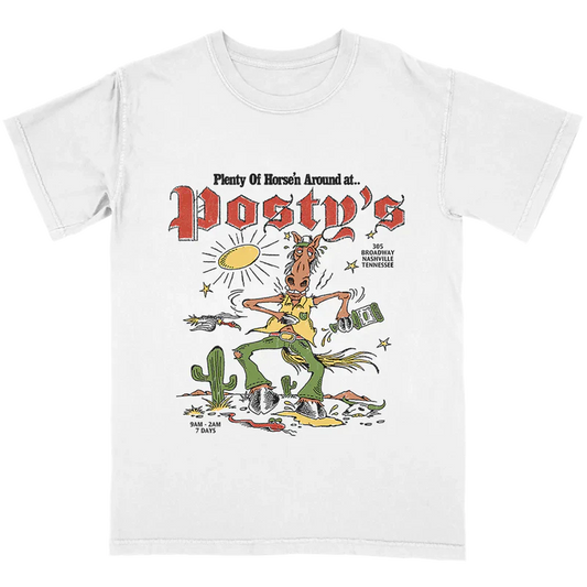 White Post Malone merch t shirt featuring Horsen Around Postys Nashville cartoon horse graphic on front streetwear fan apparel
