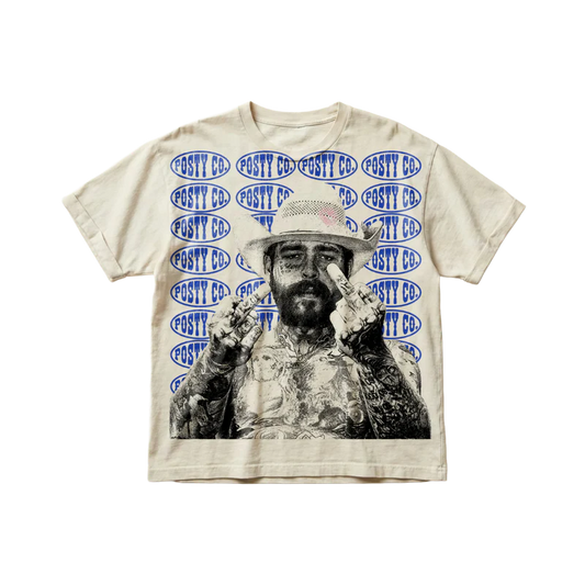 Beige Post Malone merch t shirt featuring Posty Co pattern and portrait graphic design on front streetwear fan apparel
