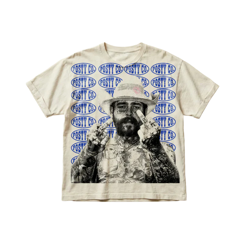 Beige Post Malone merch t shirt featuring Posty Co pattern and portrait graphic design on front streetwear fan apparel