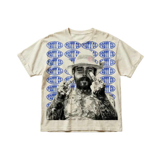 Beige Post Malone merch t shirt featuring Posty Co pattern and portrait graphic design on front streetwear fan apparel