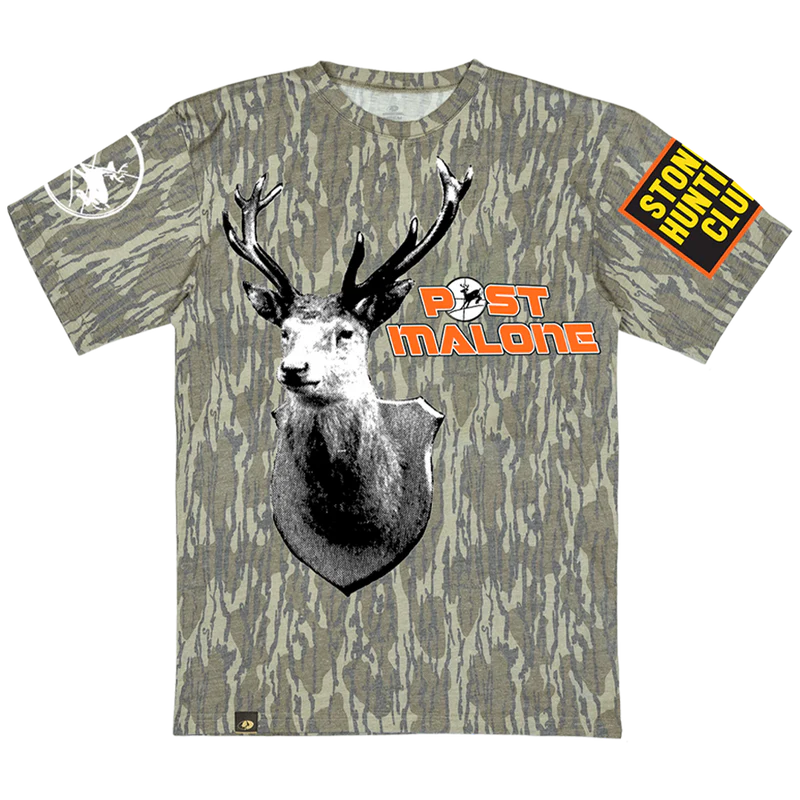 Camo Post Malone merch t shirt featuring deer head graphic and Stoney Hunting Club logo on front outdoor streetwear fan apparel