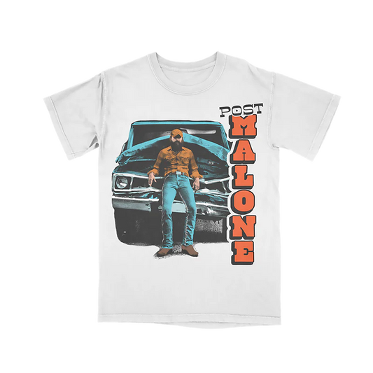 White Post Malone merch t-shirt featuring vintage truck graphic artwork and bold vertical Malone streetwear logo print.