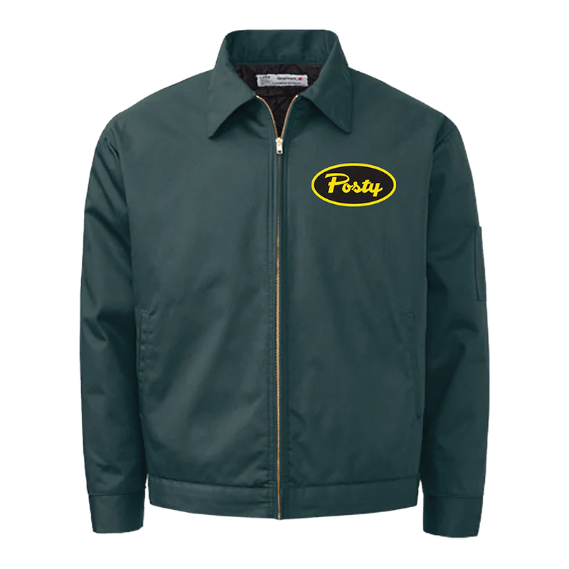 Green Post Malone merch work jacket featuring Posty logo patch on chest front durable streetwear fan apparel