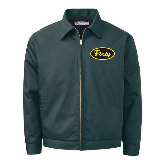 Green Post Malone merch work jacket featuring Posty logo patch on chest front durable streetwear fan apparel