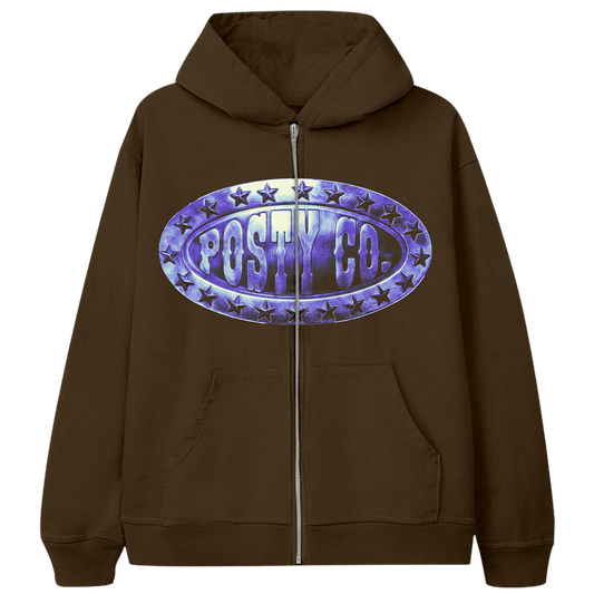 Brown Post Malone merch zip hoodie featuring metallic Posty Co logo graphic on front streetwear fan apparel