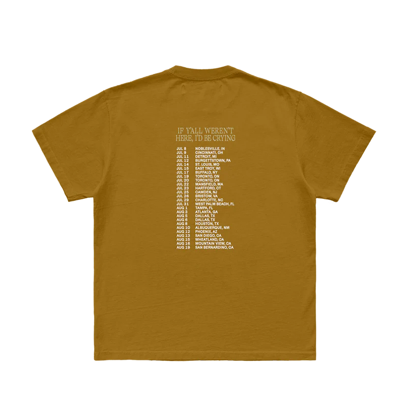 Back view of brown Post Malone tour graphic t-shirt with If Y’all Weren’t Here I’d Be Crying tour dates print design