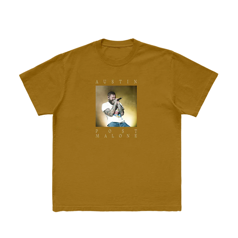 Front view of mustard Post Malone PM Photo Graphic Streetwear Tee featuring live Austin era performance photo print