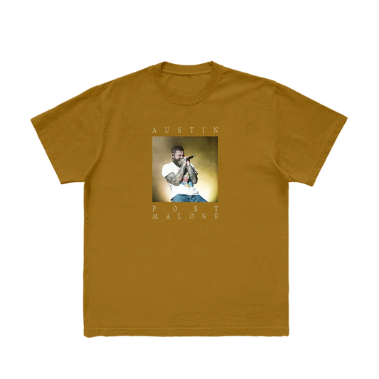 Front view of mustard Post Malone PM Photo Graphic Streetwear Tee featuring live Austin era performance photo print