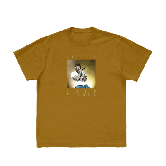 Front view of mustard Post Malone PM Photo Graphic Streetwear Tee featuring live Austin era performance photo print