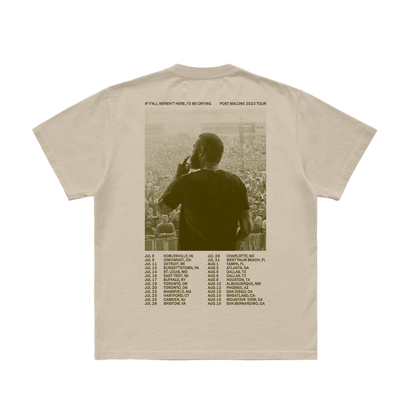 Back view of cream Post Malone tour graphic tee with live concert photo and 2023 Austin tour date print design