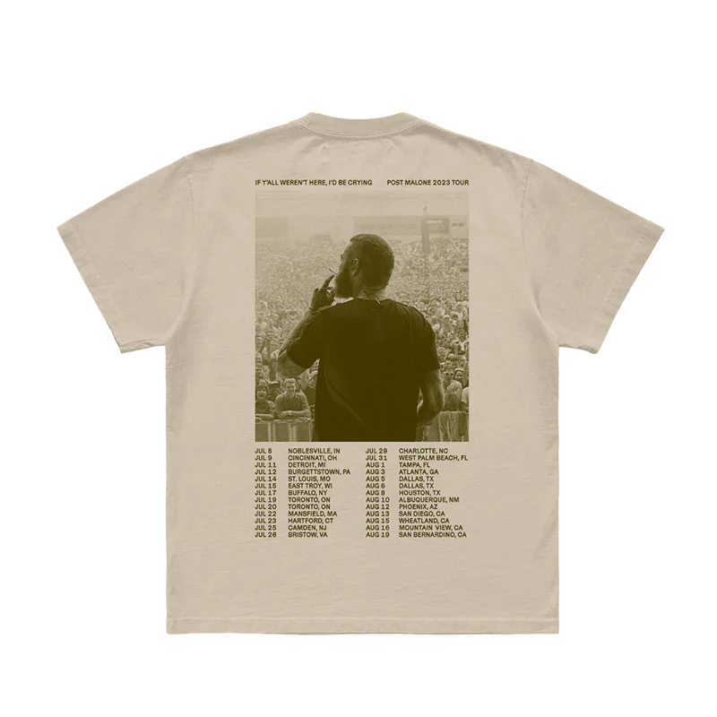 Back view of cream Post Malone tour graphic tee with live concert photo and 2023 Austin tour date print design
