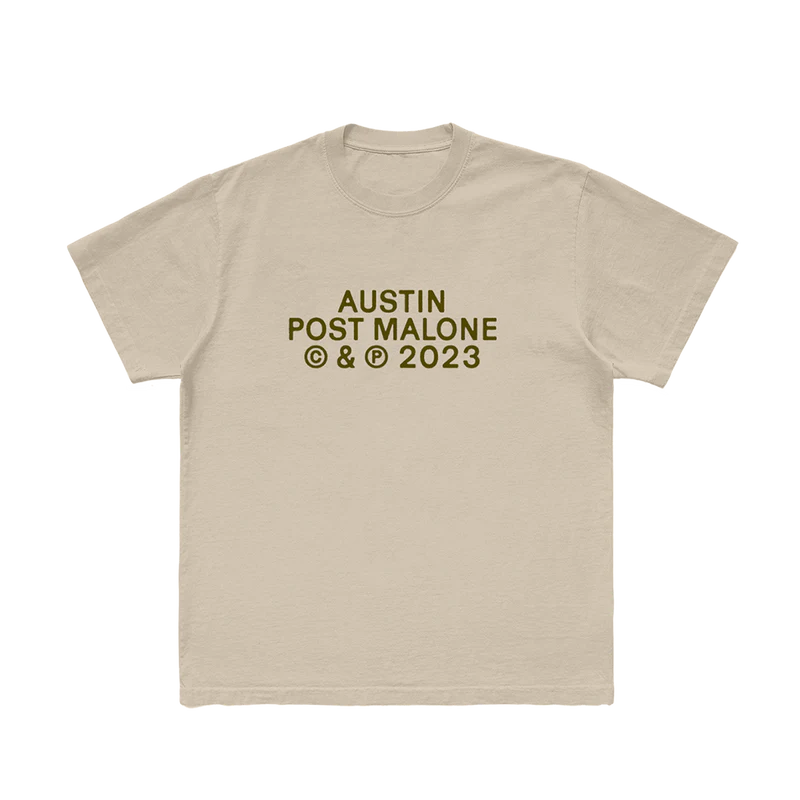 Front view of beige Post Malone PM Photo Graphic T-Shirt featuring Austin era typography in minimalist streetwear style